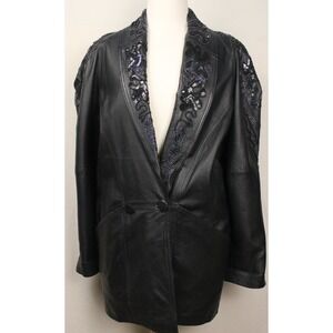 Vintage 80s Kezia Leather Jacket Beaded Sequin Power Shoulder Statement Coat 10